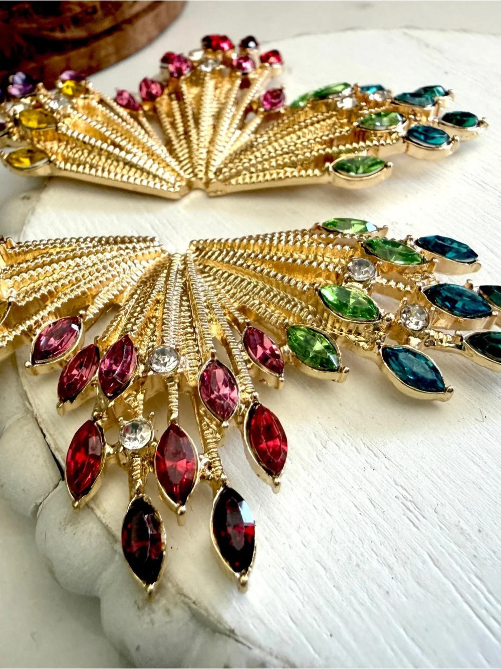 Colorful Rhinestone Starburst Fan Gold Earrings Statement Jewelry Art Deco NEW